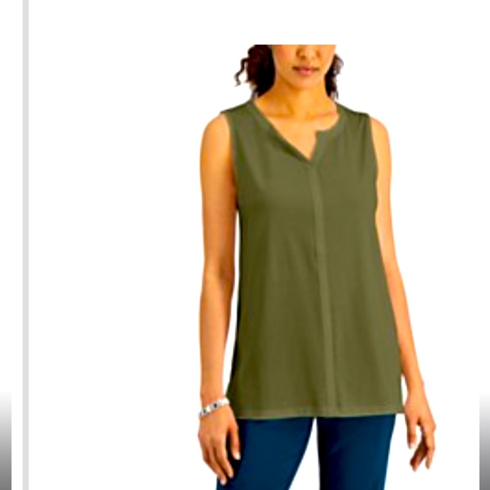Karen Scott Split-Neck Sleeveless Tunic, Color: Winter Moss. Size XL. New.